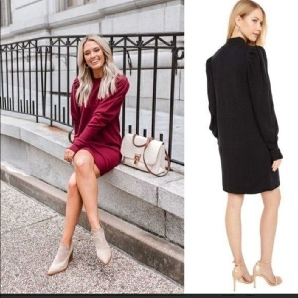 WAYF Black Lola Puff Sleeve Sweater Dress Small